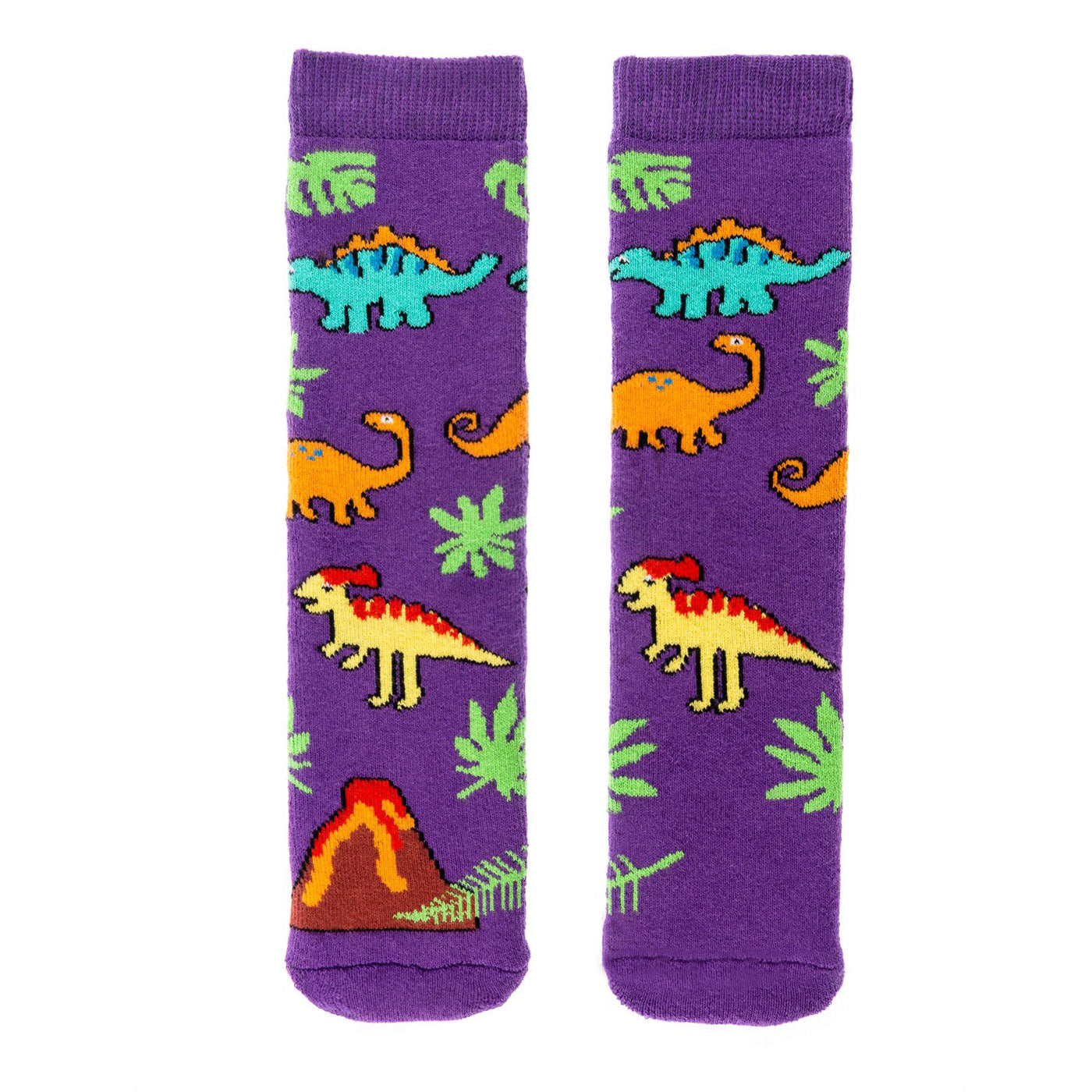A pair of Mini welly socks by Squelch, style Dinos, in purple with multi dino print. Front view.