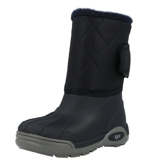 A boys lined snow boot by Igor, style Topo Ski,  in navy with velcro fastening. Left side view.