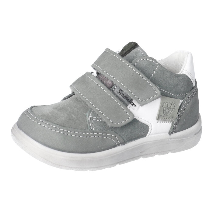 A boys mid-top waterproof boot by Ricosta, style Kito 2003202/570, in green with white trim and double Velcro fastening. Right side view.