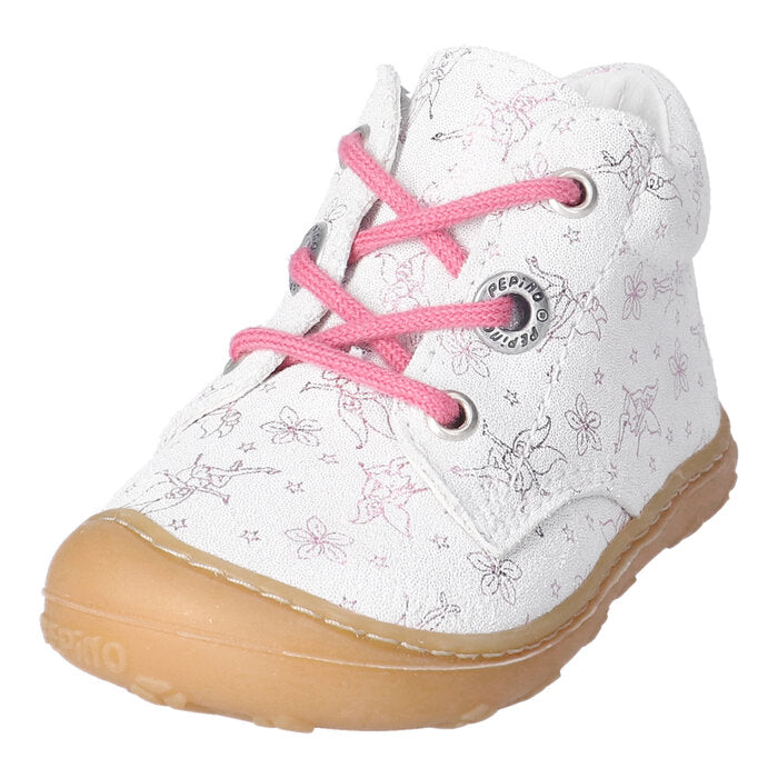 A girls ankle boot by Ricosta, style Dots 50 1200502/830 , in white leather with pink fairy print and pink laces. Toe bumper. Angled view.