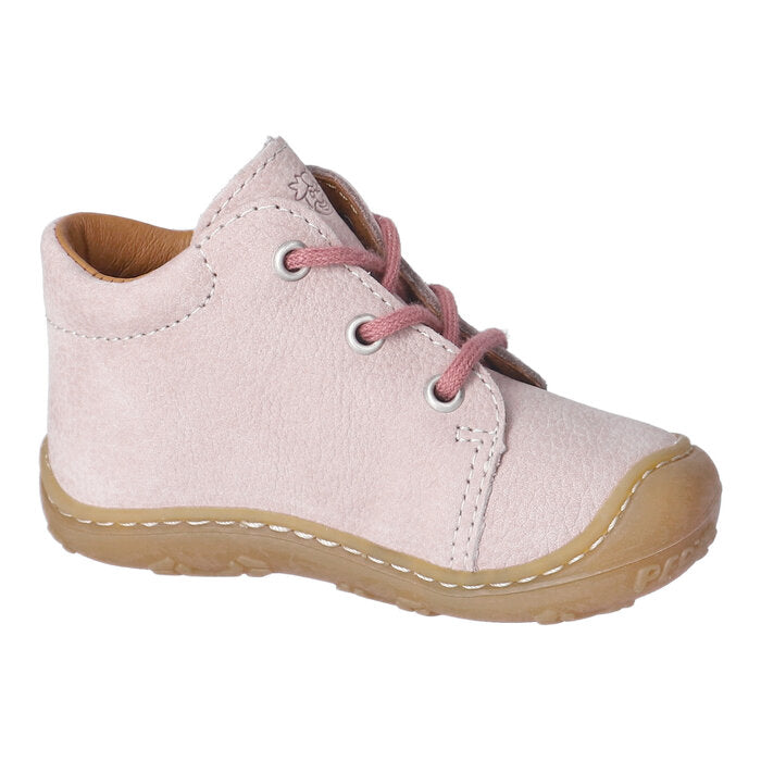 Pink girls ankle boot by Ricosta, style Ebi with strawberry design, pink laces and toe and heel bumpers. Inner left side view