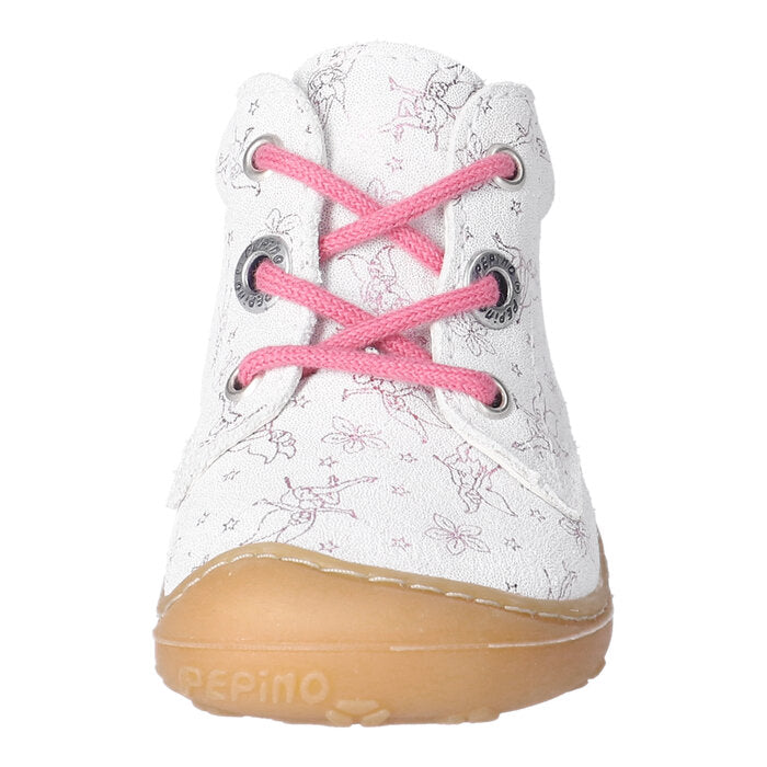 A girls ankle boot by Ricosta, style Dots 50 1200502/830 , in white leather with pink fairy print and pink laces. Toe bumper. Front view.