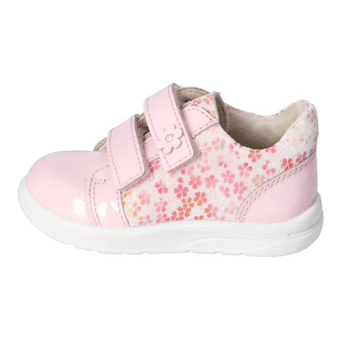 A girls shoe by Ricosta, style Jasmine, in pink patent leather with flower print and double velcro fastening. Right side view.