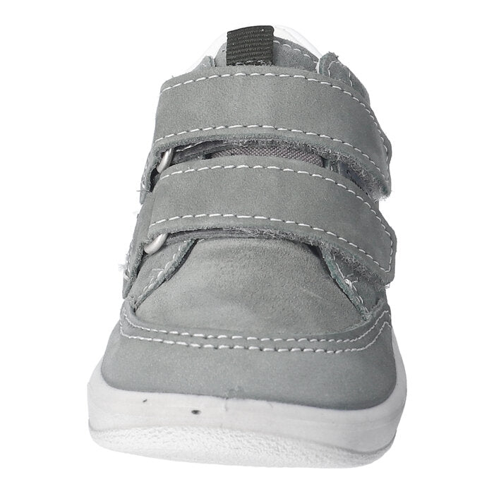 A boys mid-top waterproof boot by Ricosta, style Kito 2003202/570, in green with white trim and double Velcro fastening. Front view.