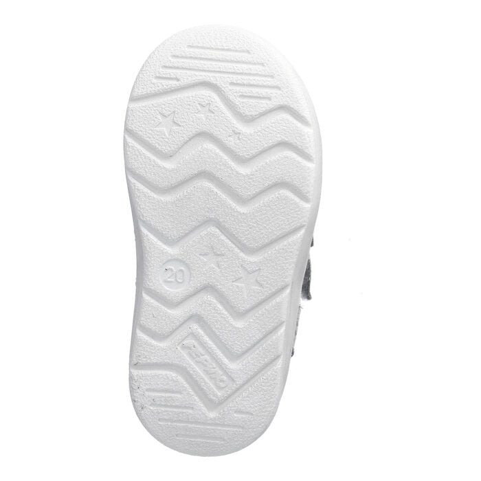 A boys mid-top waterproof boot by Ricosta, style Kito 50 2003202/570, in green with white trim and double Velcro fastening. Sole view.