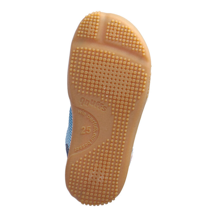 A boys casual shoe by Ricosta, style Fichte in ocean/adriatic with vecro strap and elastic laces. View of sole