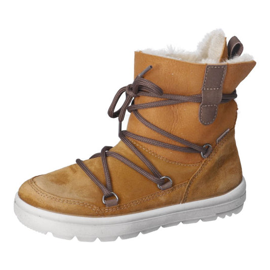 A girls/ladies pull on fur lined waterproof boot in tan nubuck  with brown tie detail. Left side view.
