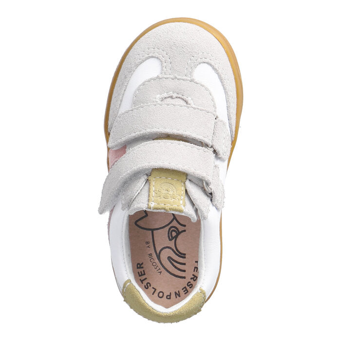 A girls casual shoe by Ricosta, style Dakota in white/pink with pink stripe detail on the side and beige detail on ankle and tongue. Top view