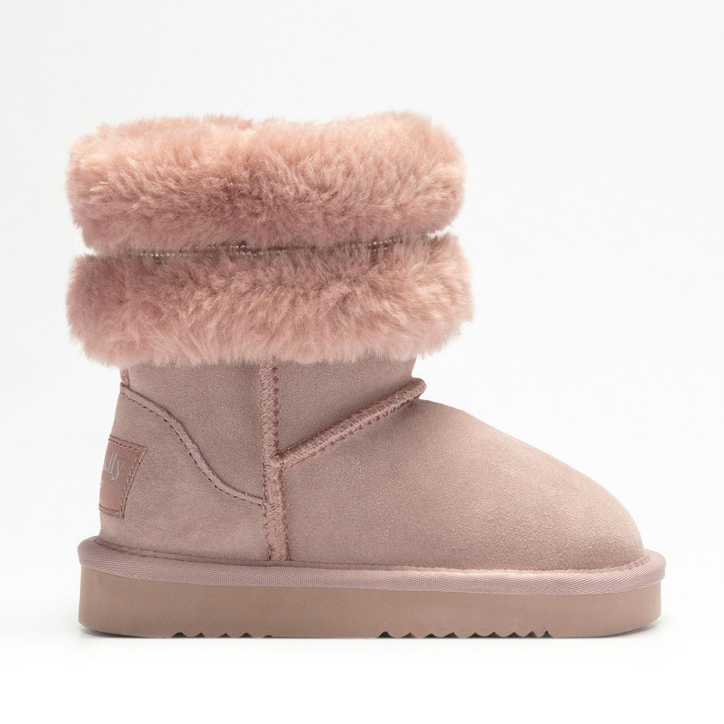 A girls pull on calf length boot by Lelli Kelly, style LKHA3766, in blush pink suede with fur cuff and diamante trim. Right side view.