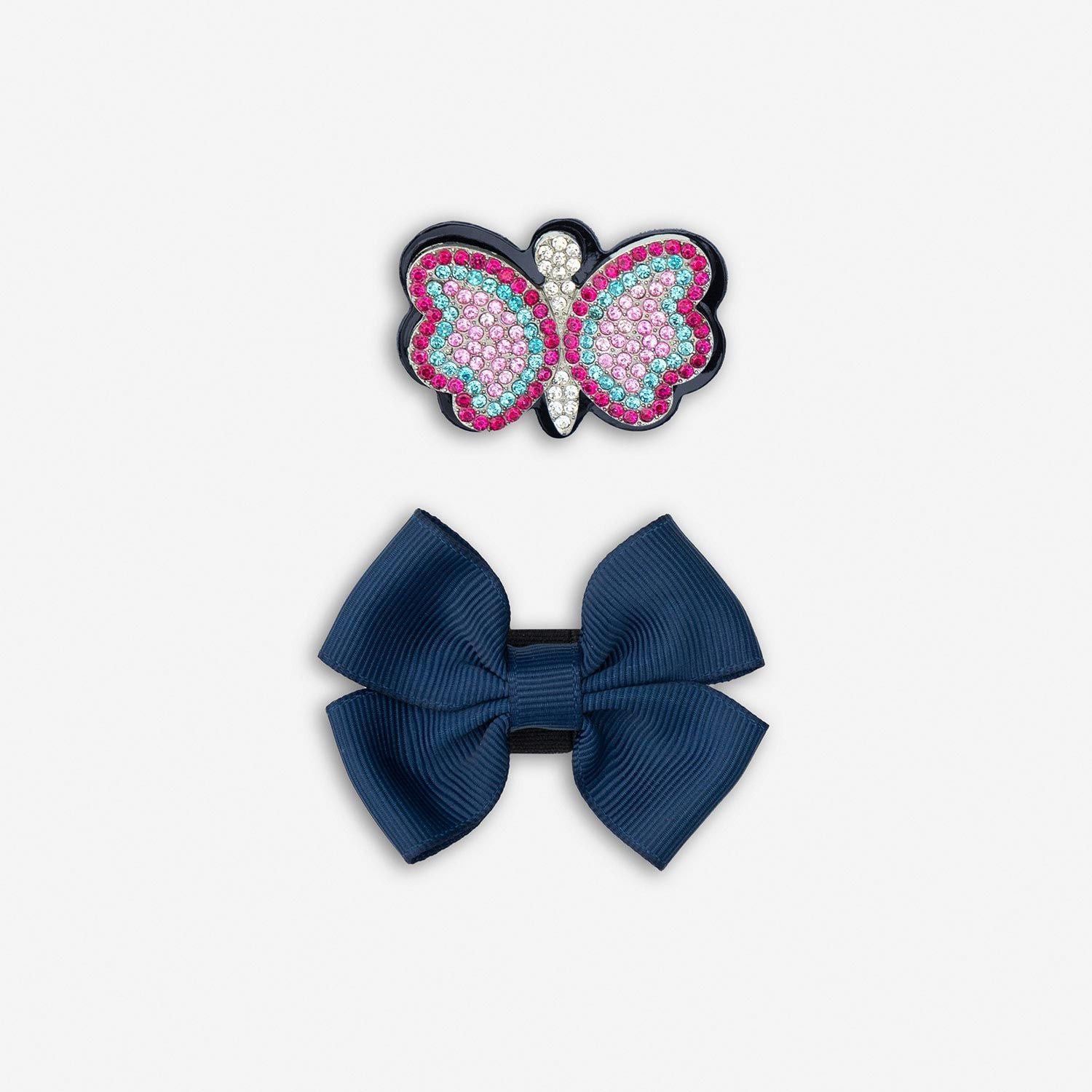 A girls Mary-Jane school shoe by Lelli Kelly, style LKSO8641 Luna 2 in Navy patent leather with velcro fastening and detachable multi coloured embellished butterfly. Showing butterfly and bow detachable accessories.