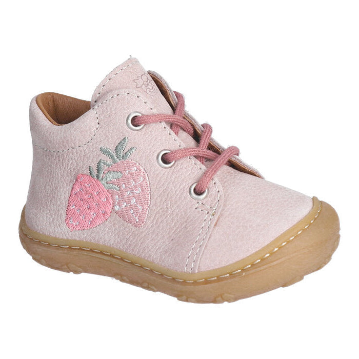 Pink girls ankle boot by Ricosta, style Ebi with strawberry design, pink laces and toe and heel bumpers. Right side view