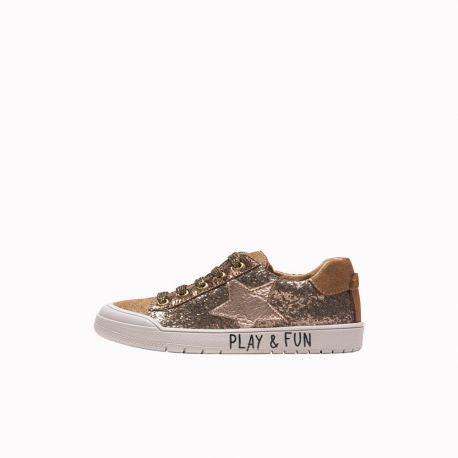 A girls lace/zip-up casual shoe by Bopy, style Saba in gold. Left side view.