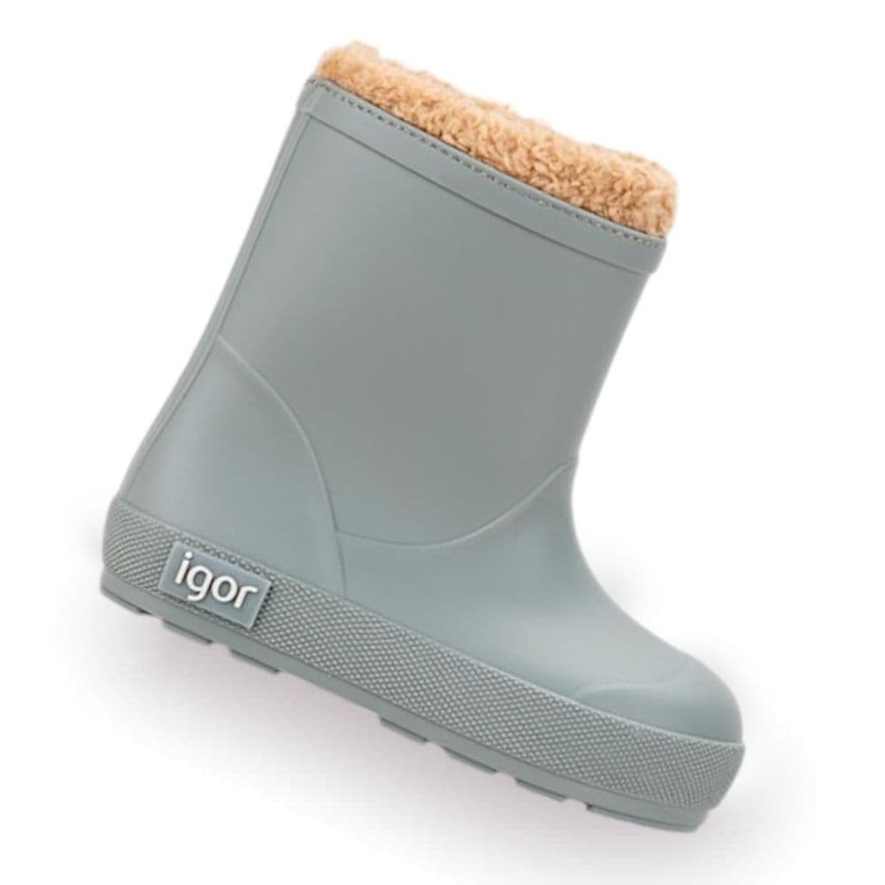 A lined welly by Igor, style Yogi Borreguito, in green with tan fur lining. Right side view.