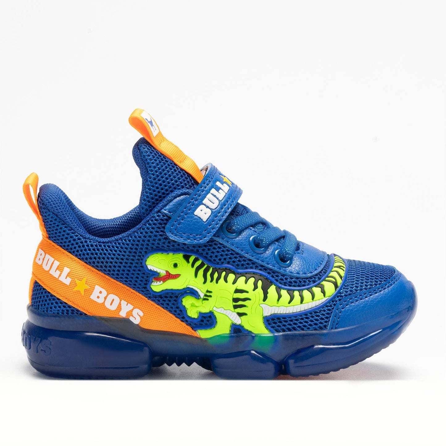 A boys trainer by Bull Boys, style DNAL2130 T-Rex, in blue with green dinosaur in 3D and flashing sole. Velcro and elastic faux lace fastening. Right side view.