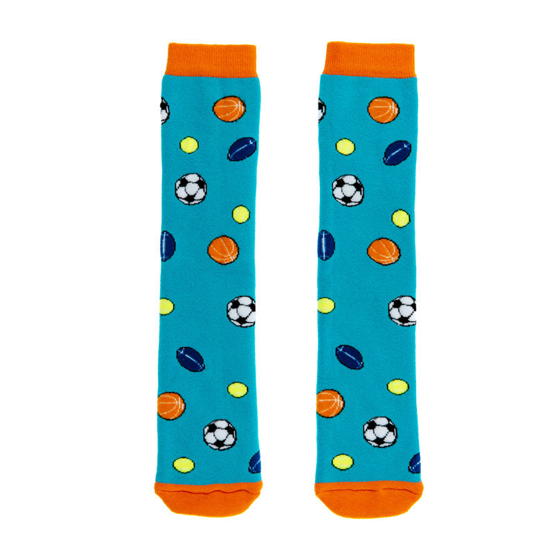 Welly socks by Squelch, style Balls, in turquoise multi with orange trim. Front view.