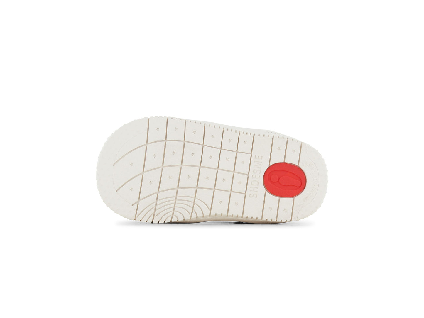 A girls mid top by Shoesme, style BN25S012-C in white and pink, velcro and elastic lace fastening. View of white sole.