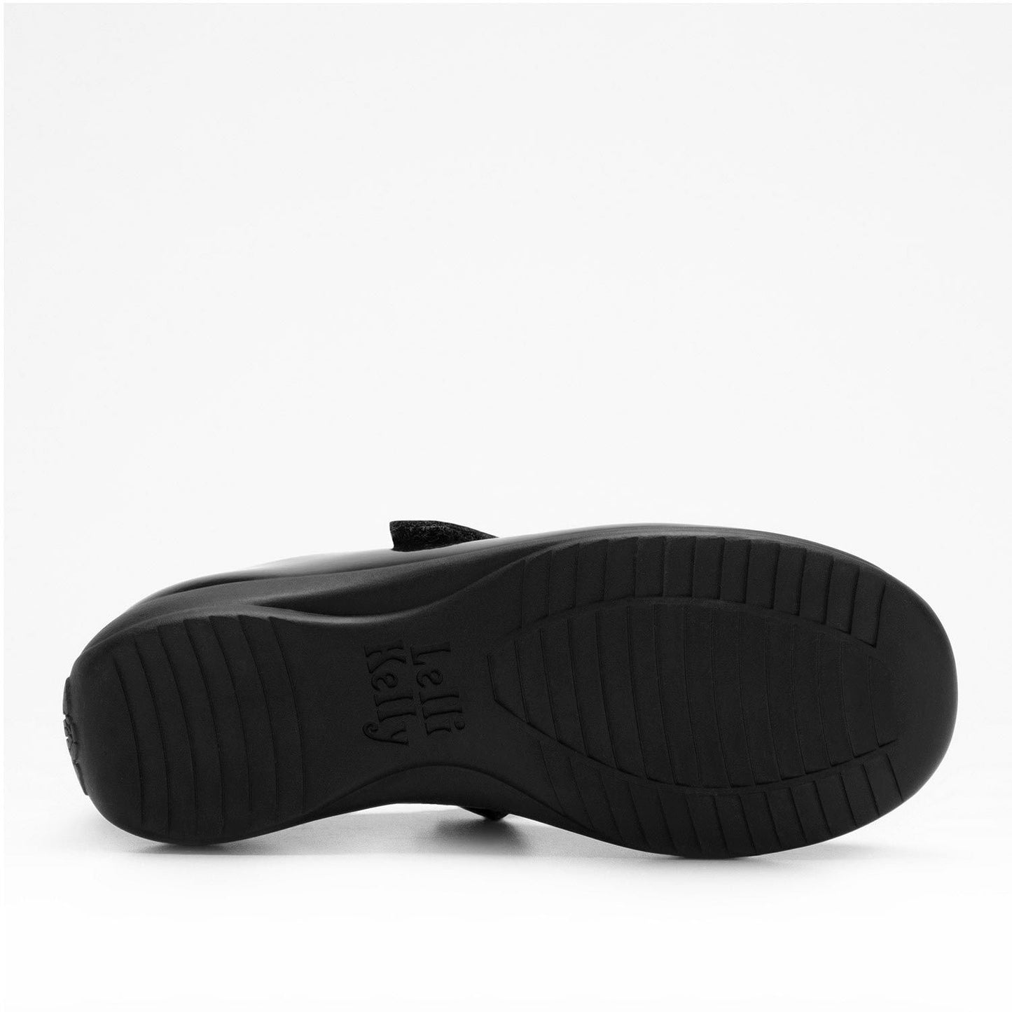 A girls Mary Jane school shoe by Lelli Kelly, style LK8119 Ella, in black patent leather with velcro fastening and detachable gold/white pumpkin carriage. View of sole.