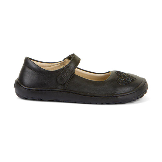 A girls Mary Jane  school shoe by Froddo, style Nina H 3140191, in black leather with glitter heart to front upper and velcro fastening. Right side view.