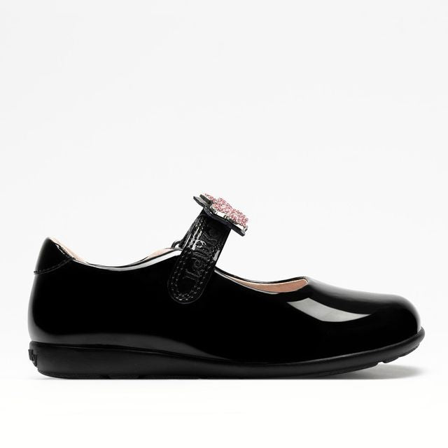A girls Mary Jane school shoe by Lelli Kelly, style LKSO8481CVR Daisy, in black patent with detachable daisy embellished attachment. Velcro fastening. Right side view.