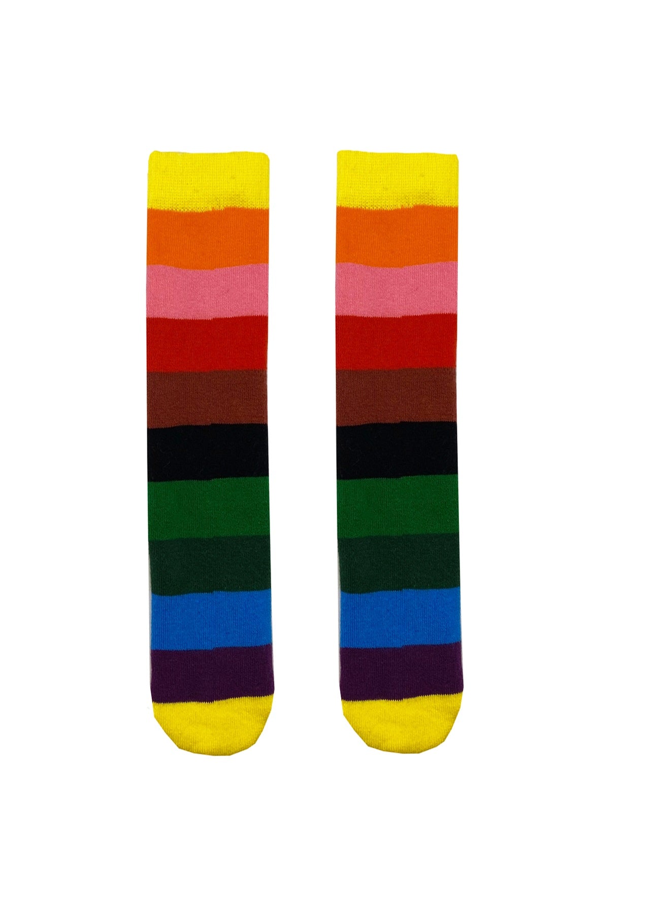 A pair of welly socks by Squelch, style Rainbow Stripes, in multi. Front view.