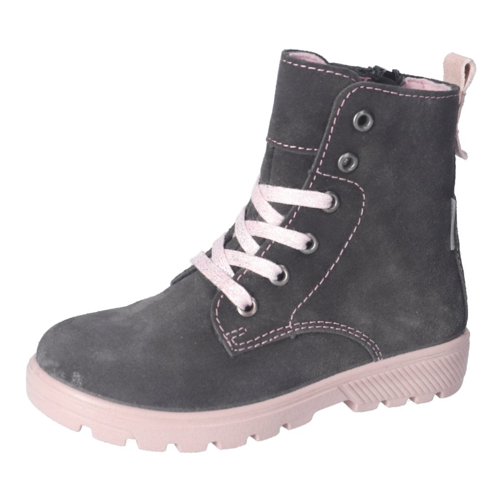 A lace up and side zip waterproof boot by Ricosta, style Anni in charcoal grey Nubuck and contrasting pale pink laces and sole. Left side view.