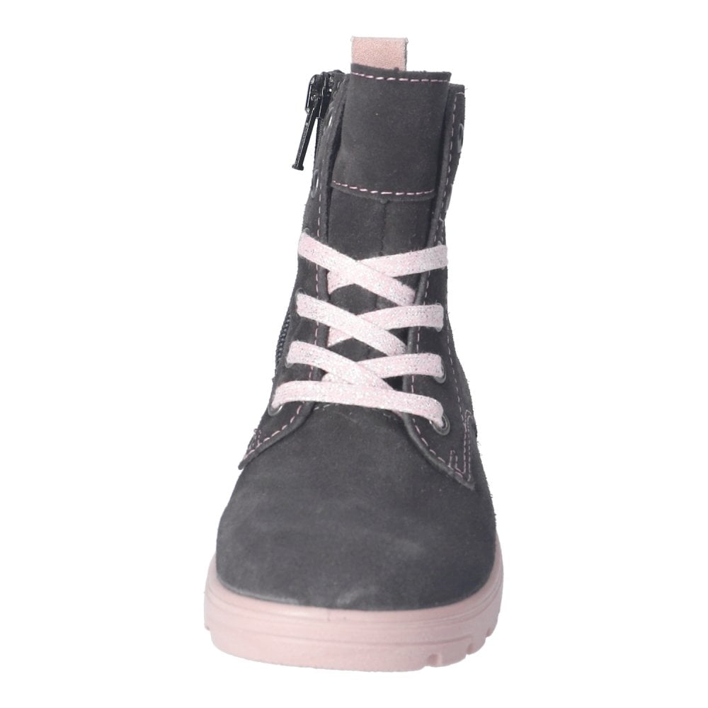 A lace up and side zip waterproof boot by Ricosta, style Anni in charcoal grey Nubuck and contrasting pale pink laces and sole. Front view.