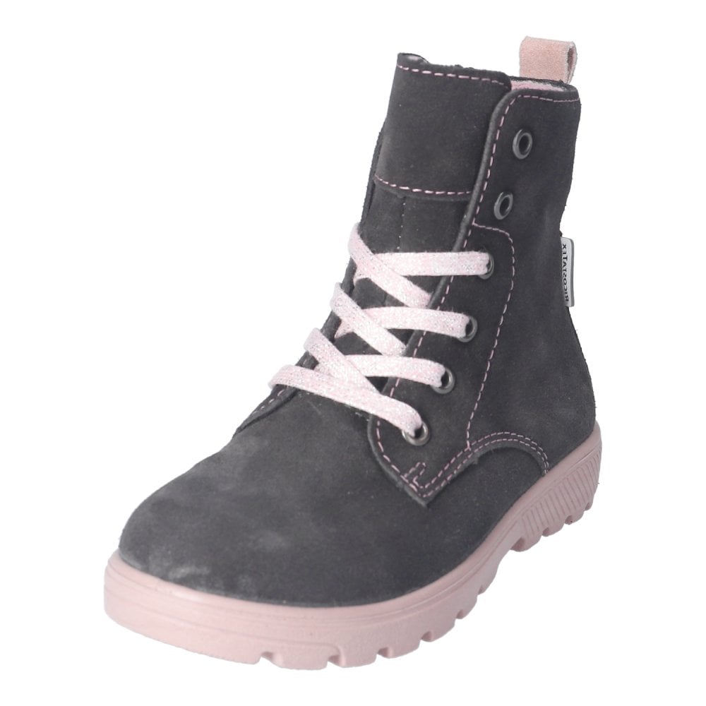 A lace up and side zip waterproof boot by Ricosta, style Anni in charcoal grey Nubuck and contrasting pale pink laces and sole. Slanted view.