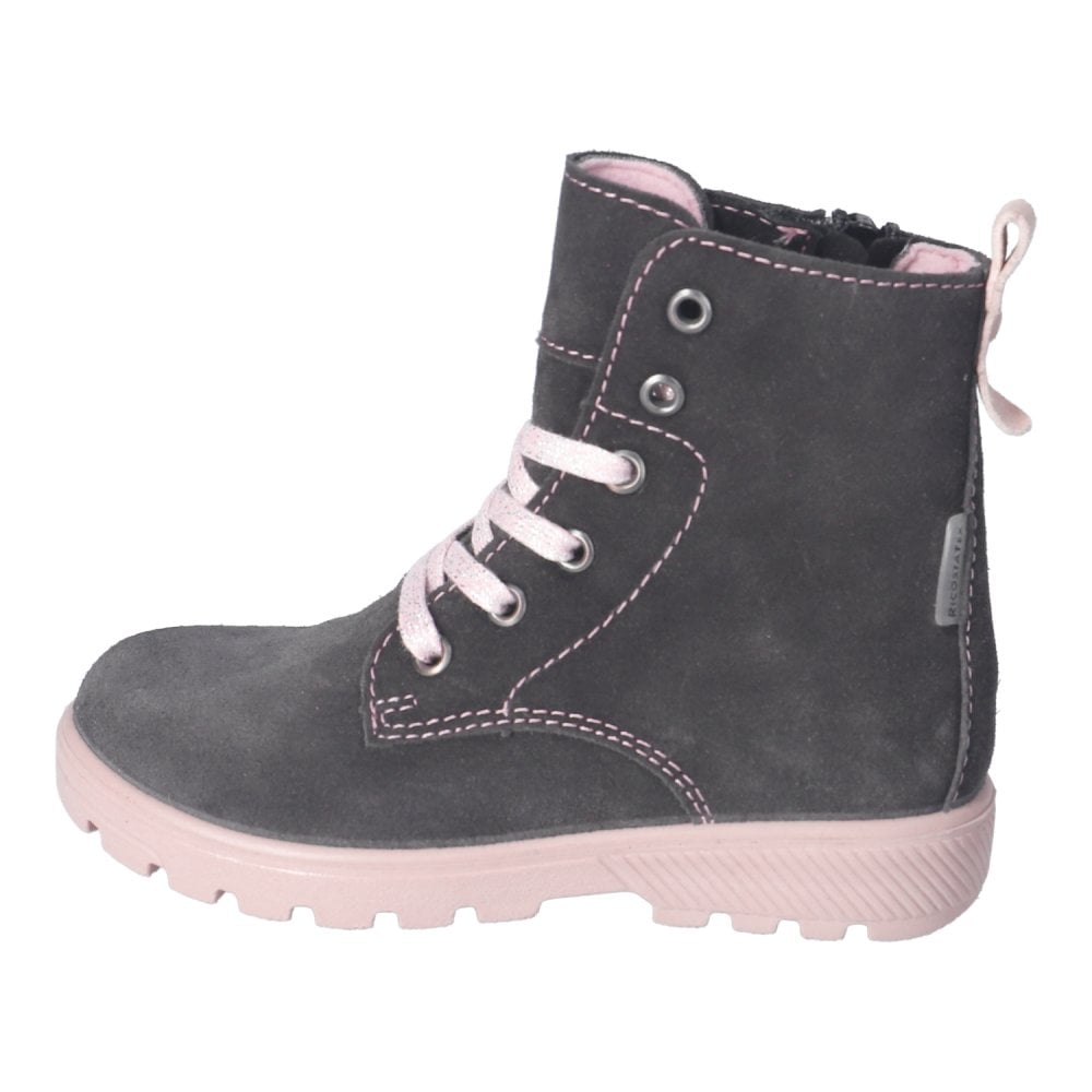 A lace up and side zip waterproof boot by Ricosta, style Anni in charcoal grey Nubuck and contrasting pale pink laces and sole. Left side view.