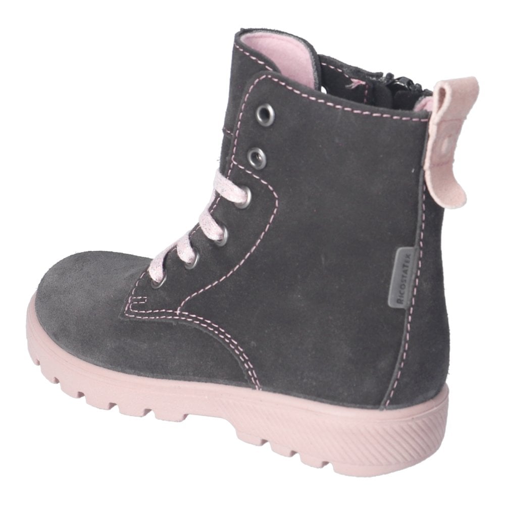 A lace up and side zip waterproof boot by Ricosta, style Anni in charcoal grey Nubuck and contrasting pale pink laces and sole. Back side view.