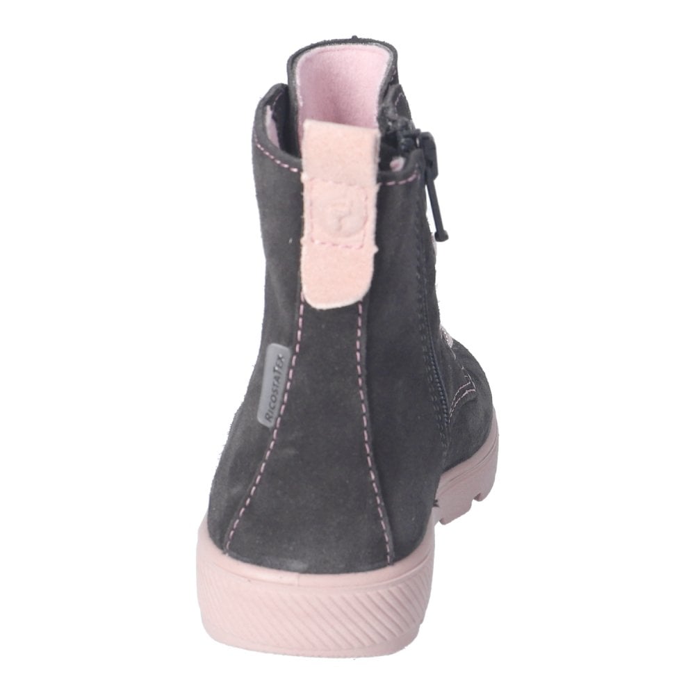 A lace up and side zip waterproof boot by Ricosta, style Anni in charcoal grey Nubuck and contrasting pale pink laces and sole. Back view.