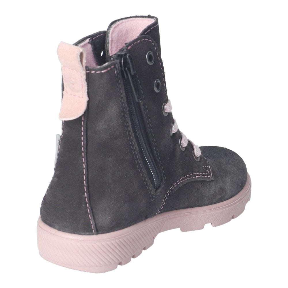 A lace up and side zip waterproof boot by Ricosta, style Anni in charcoal grey Nubuck and contrasting pale pink laces and sole. Slanted view.