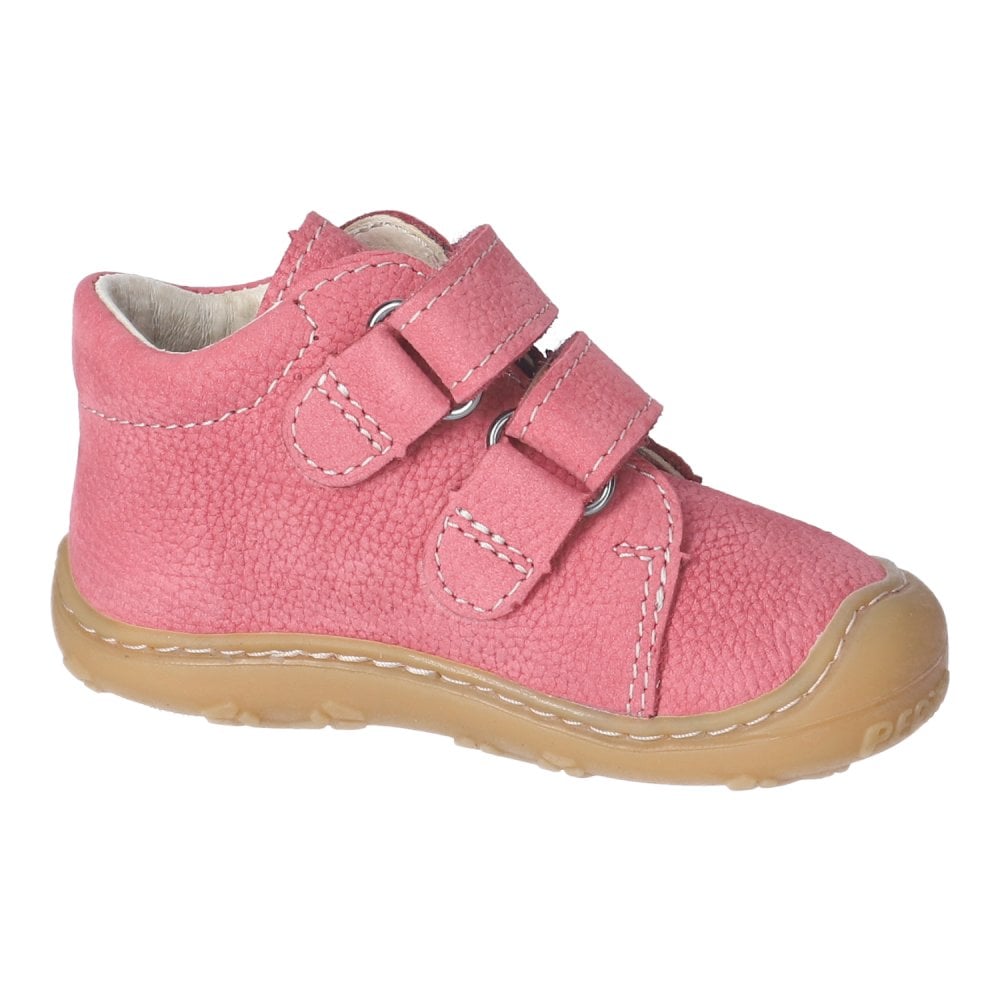 A girls boot by Ricosta, with toe bumper in pink with double velcro fastening. Left side view.