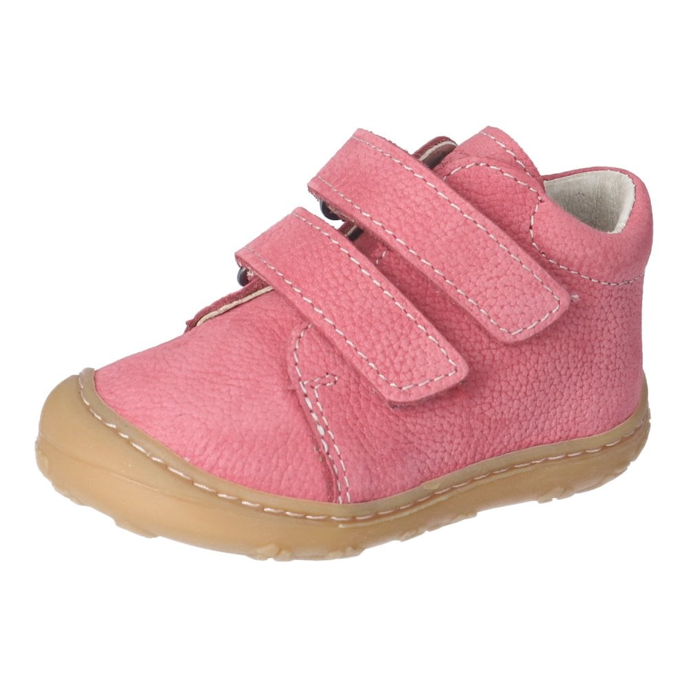 A girls boot by Ricosta, with toe bumper in pink with double velcro fastening. Right side angled view.