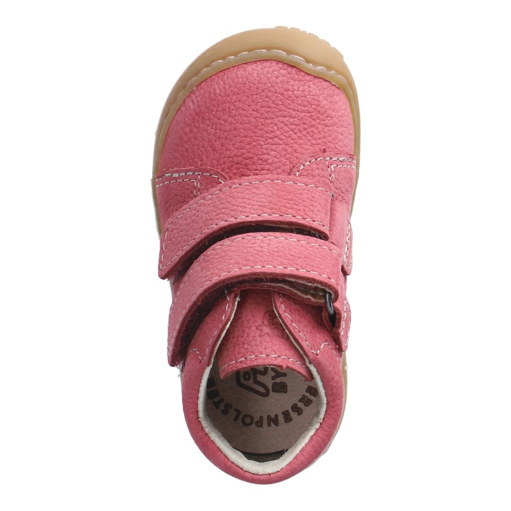 A girls boot by Ricosta, with toe bumper in pink with double velcro fastening. Above view.