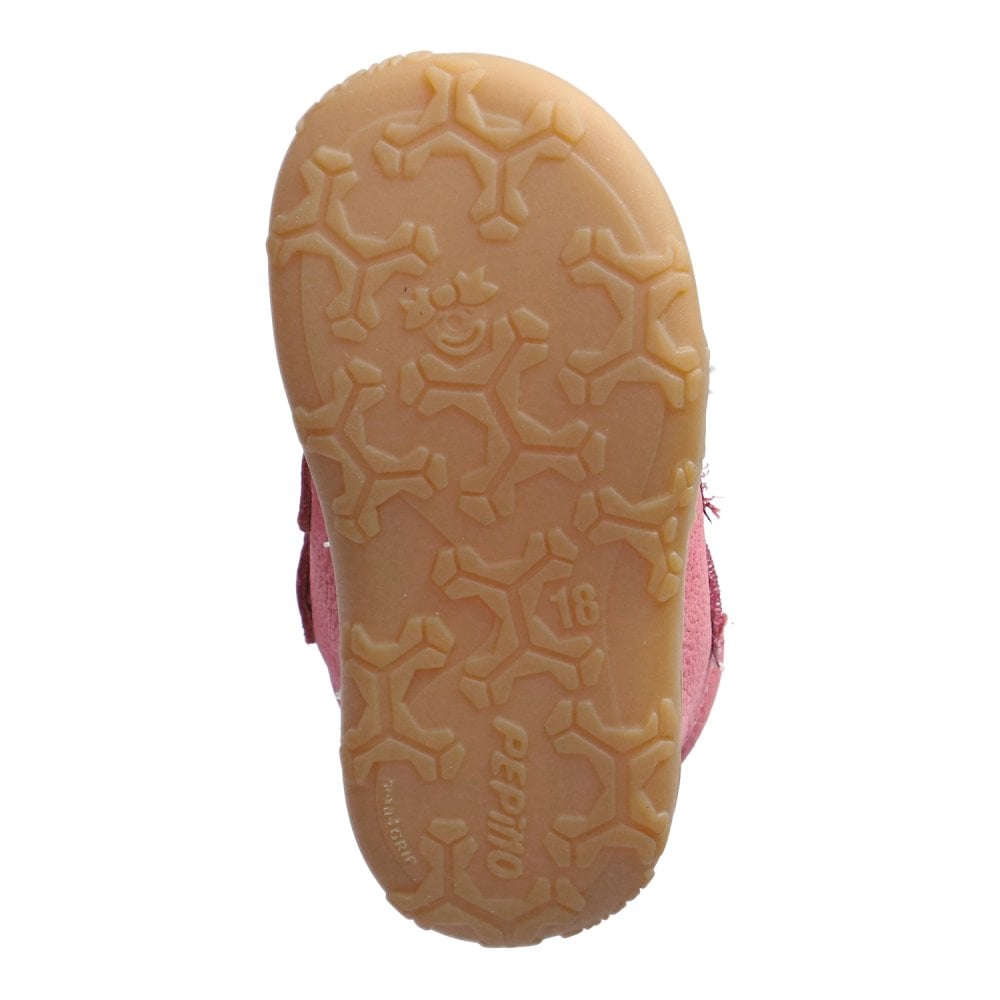 A girls boot by Ricosta, with toe bumper in pink with double velcro fastening. Sole view.