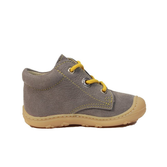A boys ankle boot by Ricosta, style Cory 50 1200102/45 , in grey nubuck with yellow laces and toe bumper. Left side view.