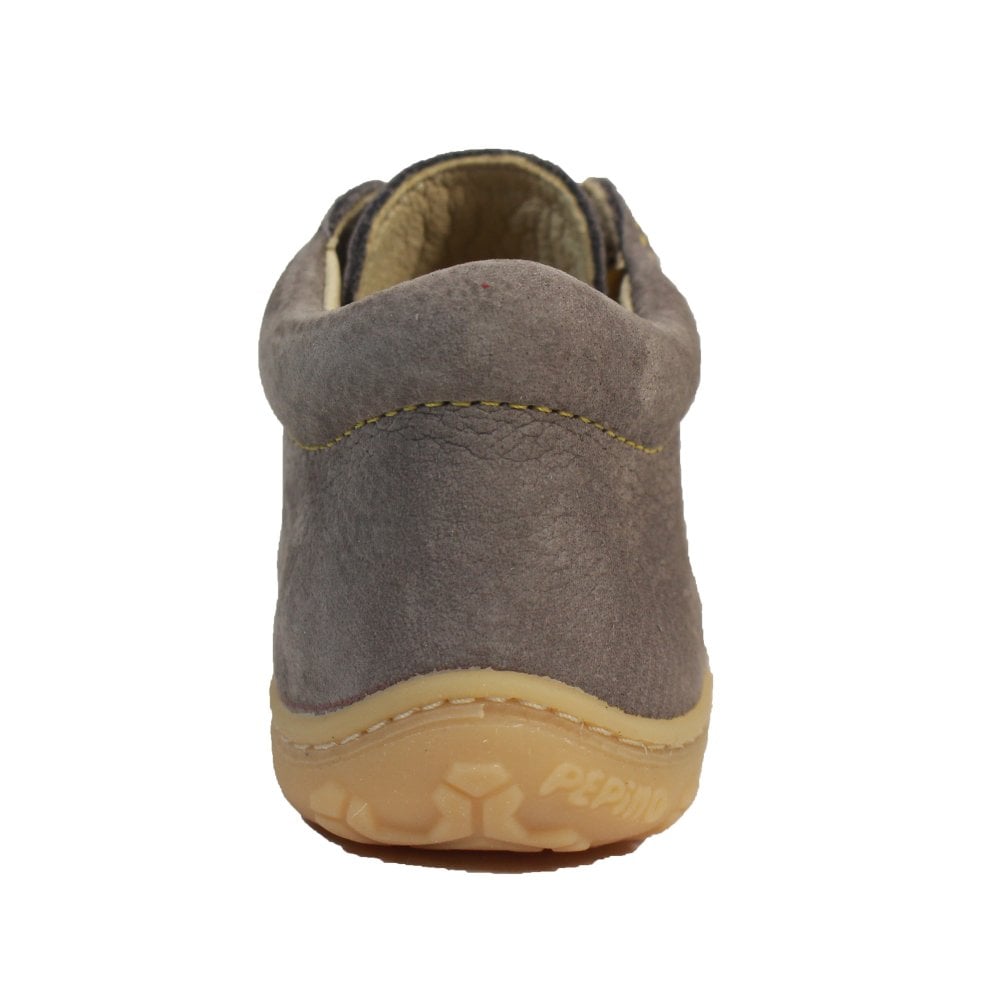 A boys ankle boot by Ricosta, style Cory 50 1200102/45 , in grey nubuck with yellow laces and toe bumper. Back view.