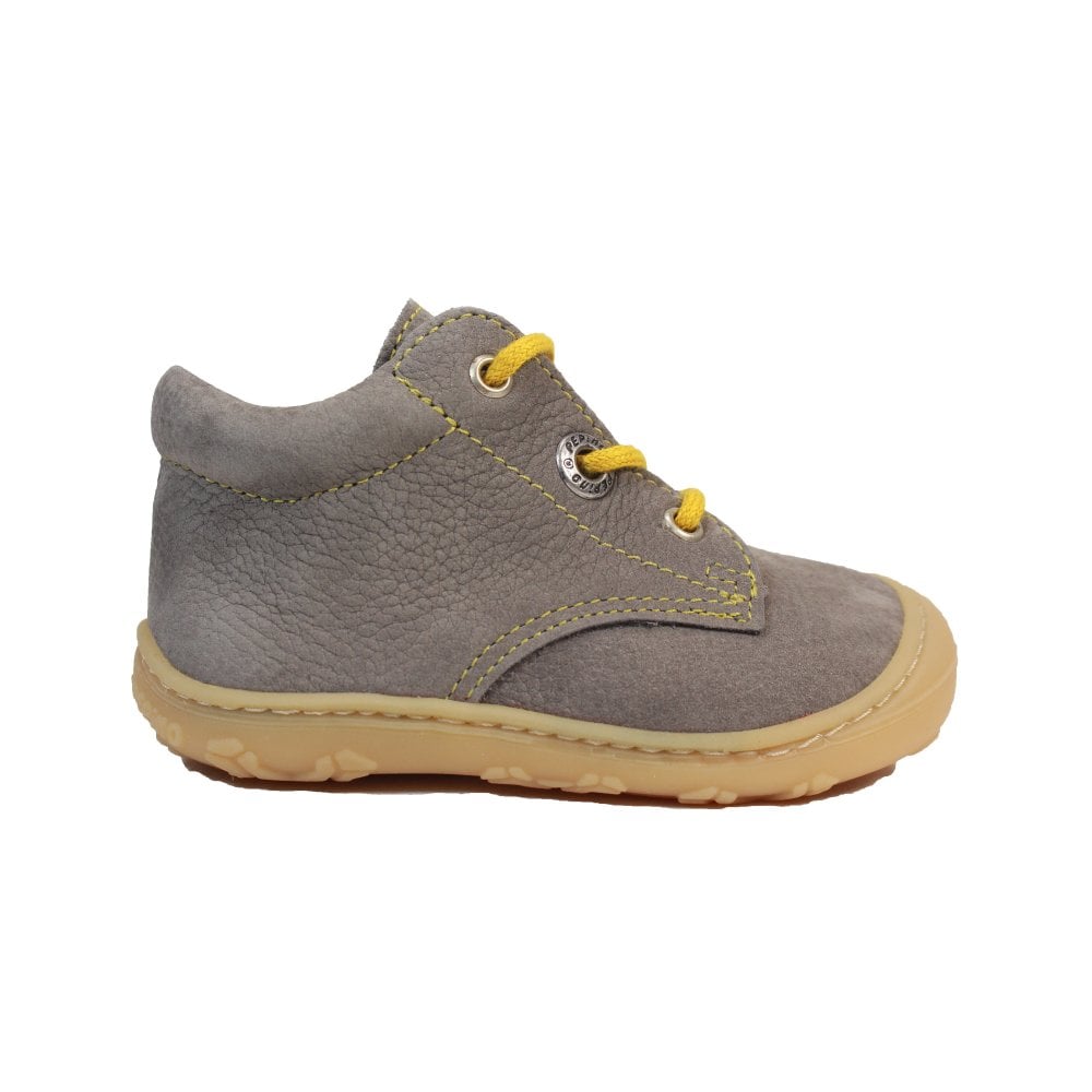 A boys ankle boot by Ricosta, style Cory 50 1200102/45 , in grey nubuck with yellow laces and toe bumper. Right side view.