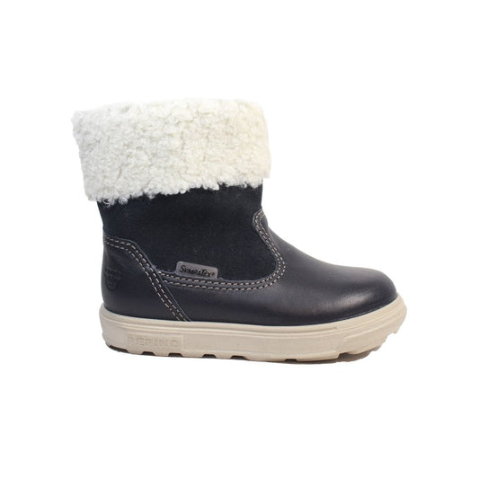 A unisex waterproof boot by Ricosta, style Jiminy, a zip up in dark navy with cream fleece cuff. Right side view.