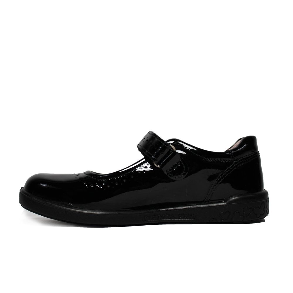A girls Mary-Jane school shoe by Ricosta, style Lillia, in black patent with velcro fastening.  Left side view.