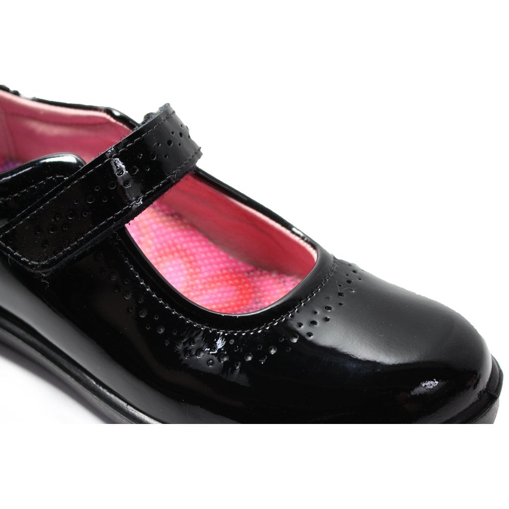 A girls Mary-Jane school shoe by Ricosta, style Lillia, in black patent with velcro fastening. Close up view.