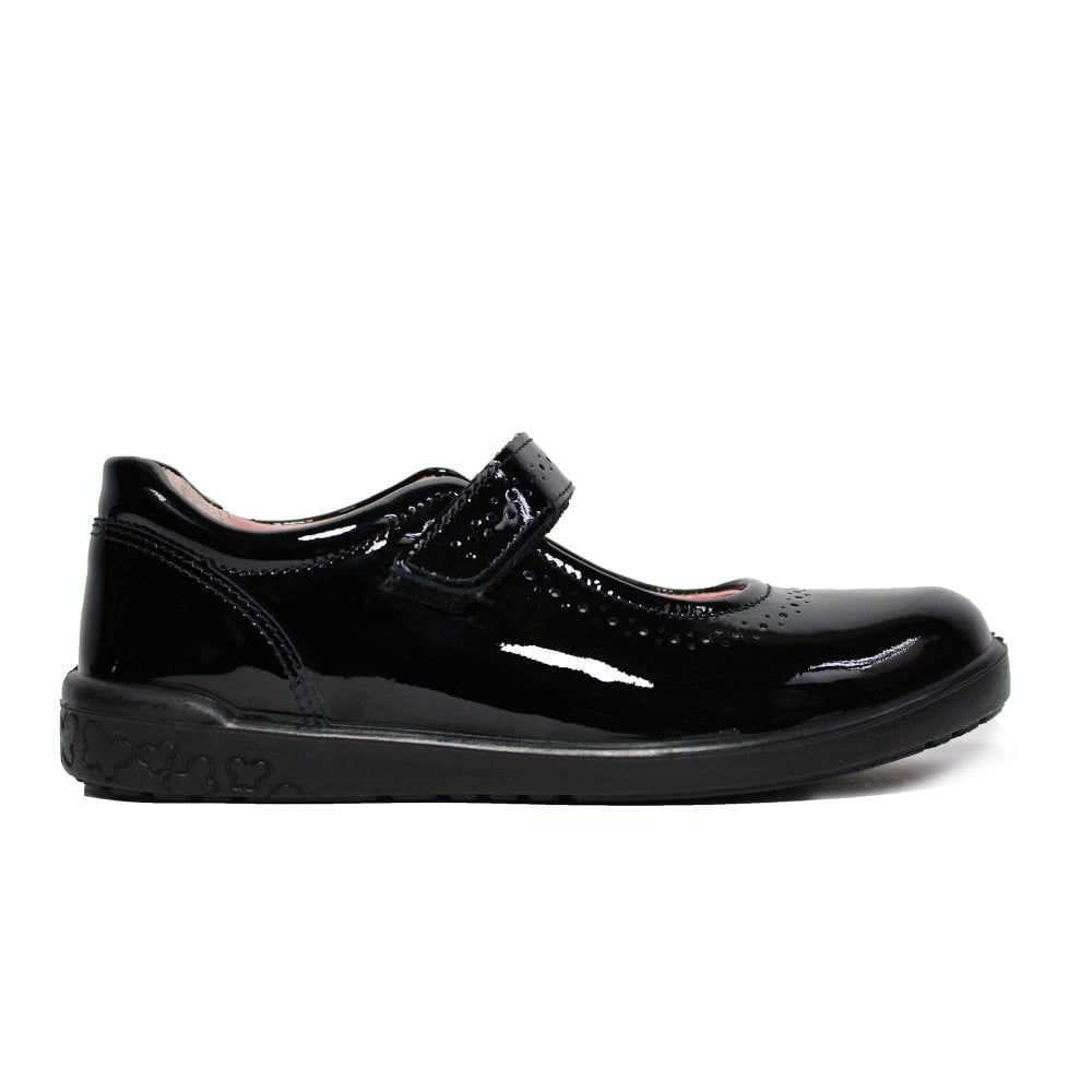 A girls Mary-Jane school shoe by Ricosta, style Lillia, in black patent with velcro fastening. Right side view.