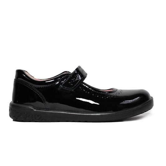 A girls Mary-Jane school shoe by Ricosta, style Lillia, in black patent with velcro fastening. Right side view.
