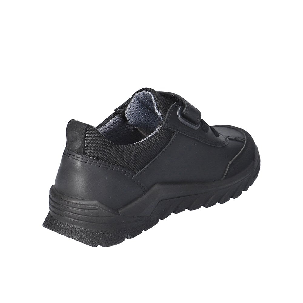 A boys waterproof school shoe by Ricosta, style Steve, in black with velcro fastening. Angled view.