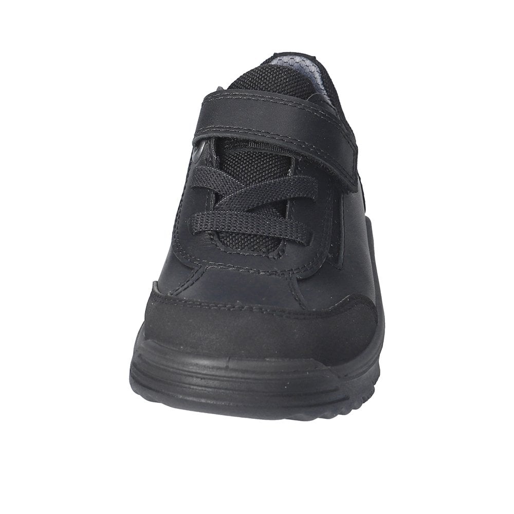 A boys waterproof school shoe by Ricosta, style Steve, in black with velcro fastening. Front view.