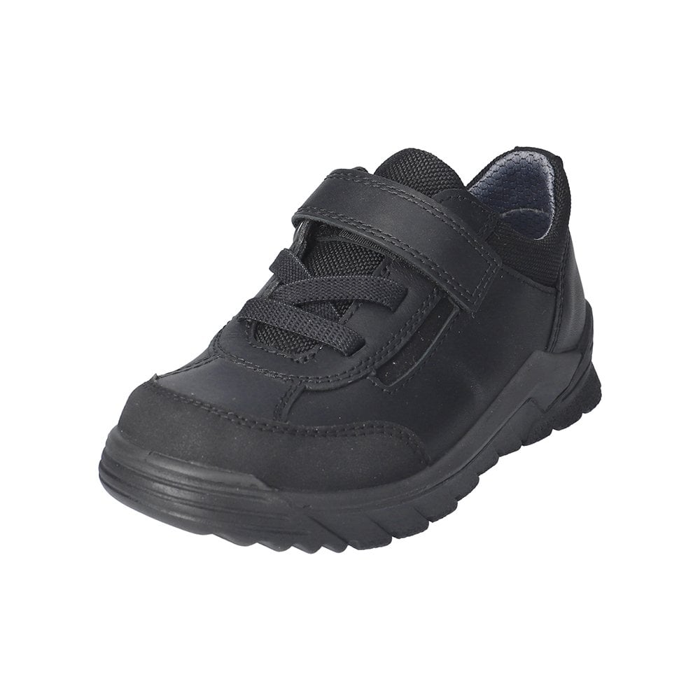 A boys waterproof school shoe by Ricosta, style Steve, in black with velcro fastening. Angled left side view.