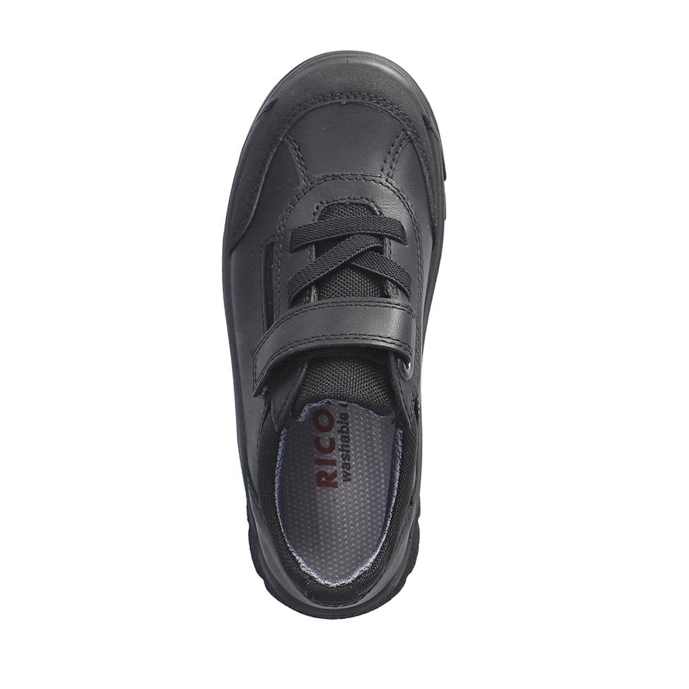 A boys waterproof school shoe by Ricosta, style Steve, in black with velcro fastening. View from above.