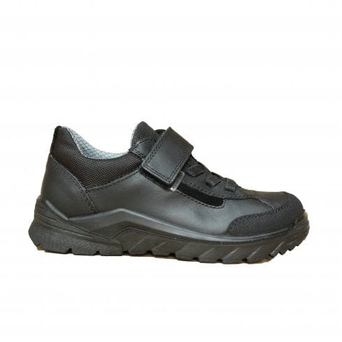 A boys waterproof school shoe by Ricosta, style Steve, in black with velcro fastening. Right side view.