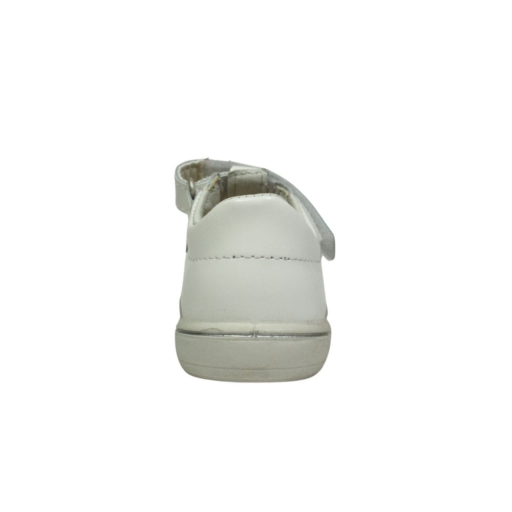 A girls T bar shoe by Ricosta, style Winona, in white patent leather with velcro fastening. View from back.