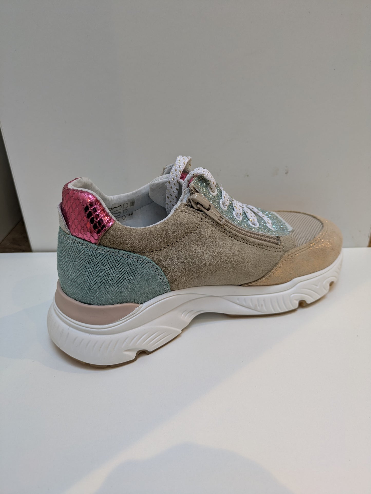 A girls casual trainer by Bopy, style Sarbacane in beige / multi, lace / zip fastening. Inner left side view.